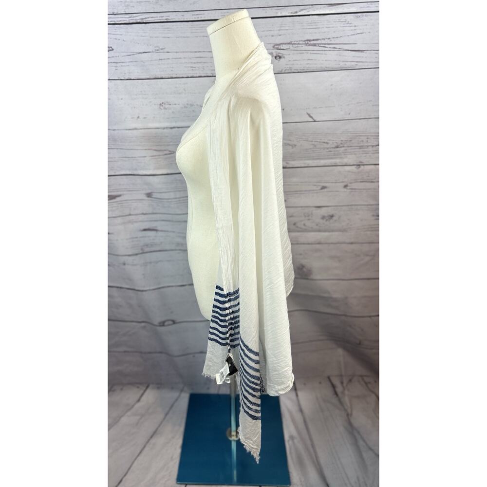 MNG White Blue Stripe Cotton Scarf Shawl Wrap Fringe Raw Hem Lightweight - Picture 3 of 4